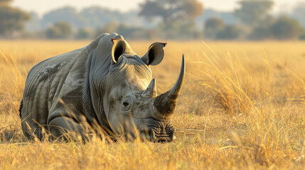 Southern white rhinoceros (Ceratotherium simum simum) grazing in open plains, thick-skinned herbivore, conservation success story.