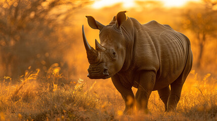 Obraz premium White rhinoceros (Ceratotherium simum simum) standing in golden sunlight, massive endangered species, dominant presence in the savanna.