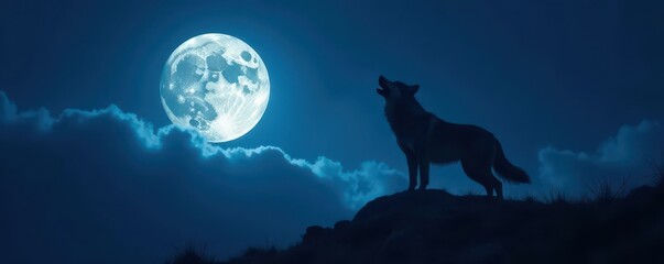 Lone wolf silhouetted against a bright full moon, howling at night , lunar, shadows