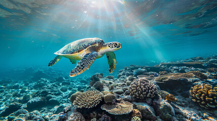 Green sea turtle (Chelonia mydas) gliding above a vibrant marine ecosystem, peaceful ancient reptile navigating ocean currents.
