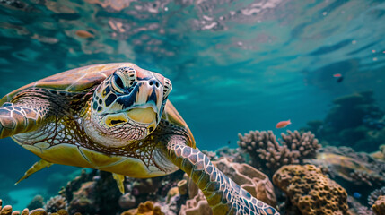 Fototapeta premium Green sea turtle (Chelonia mydas) gliding gracefully across a deep blue sea, elegant marine creature in its natural habitat.