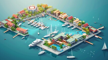 The image with yachts and houses on the water is suitable for articles about real estate, tourism and luxury vacations, as well as for advertising resorts and yacht clubs.