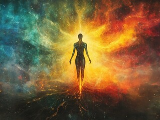 Naklejka premium Silhouette of a glowing figure emerging in cosmic light, symbolizing enlightenment, transformation, and spiritual awakening.