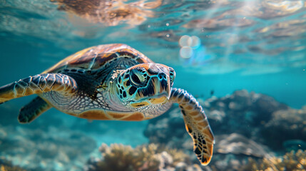 Fototapeta premium Green sea turtle (Chelonia mydas) swimming through crystal-clear waters, serene aquatic scene, endangered ocean species thriving.