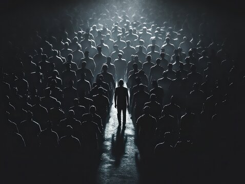  A lone figure walking in the opposite direction of a large crowd High-contrast illustration of a person striding confidently against the flow of a massive, uniform crowd.