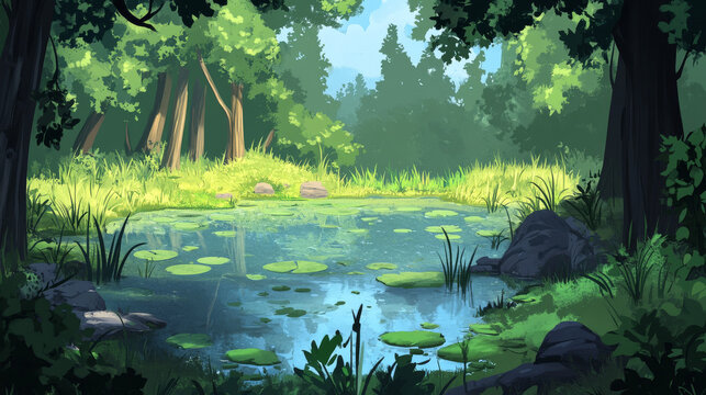 Forest swamp cartoon vector game landscape scene. Fantasy lake with waste water and marsh scenery. Dirty toxic environment in park 2d wild location wallpaper. Summer adventure fairytale world
