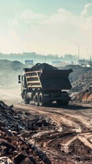 Obraz premium The image of a large dump truck carrying cargo on a construction site would be suitable for illustrating industrial and construction projects, as well as for articles about heavy equipment 
