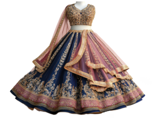 Ornate lehenga choli with dupatta on a mannequin against a isolated on a transparent background