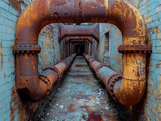 Abandoned factory with rusted steel pipes running along walls decayed industrial space where rust-covered pipes twist along walls, blending with peeling paint and crumbling brickwork.