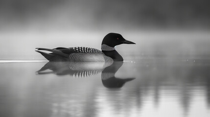 Common loon (Gavia immer) gliding across a mirror-like lake, elegant waterbird creating ripples on a tranquil surface.