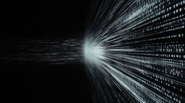 Futuristic visualization of a data stream binary code flowing through cyberspace representing information technology and digital communication advancement