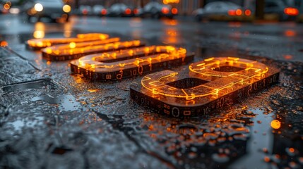 Glowing Digital Numbers Reflecting on Wet Pavement, City Lights, Technology Background Image