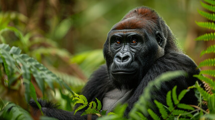 Eastern lowland gorilla (Gorilla beringei graueri) sitting on the forest floor, largest gorilla species in a lush jungle setting.
