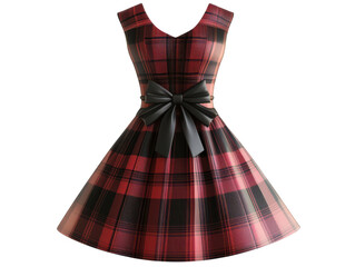 Red and black plaid dress with a black bow on a Transparency Background is presented here