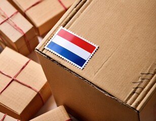 Delivery parcels with Dutch flag stamp in a warehouse setting during daylight