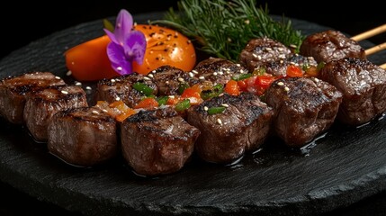 Grilled beef skewers with colorful vegetables