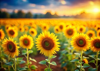 Fototapeta premium Miniature Sunflower Field, Vibrant Yellow Blooms, Tilt-Shift Photography, Summer Landscape