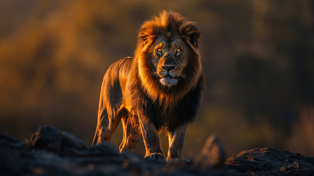 Asiatic lion (Panthera leo persica) standing atop a rocky plateau, rare big cat in India?s Gir Forest.