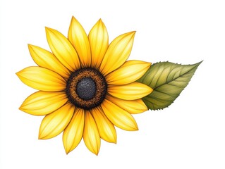 Fototapeta premium Vibrant sunflower illustration with detailed petals and green leaf