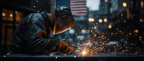 Welding outdoors, sparks, city background, construction