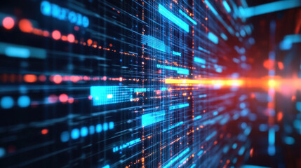 Abstract futuristic data stream with glowing light effects and digital binary code for high technology and internet concept visualization