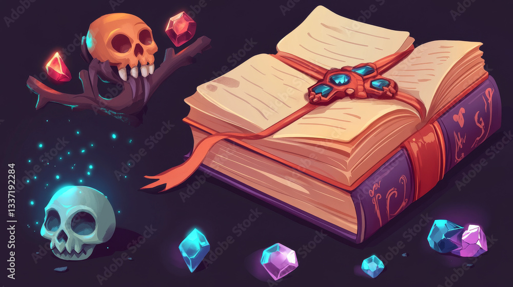 Poster magic book game level rank ui assets. cartoon set of evolution stages of ancient fantasy paper book 