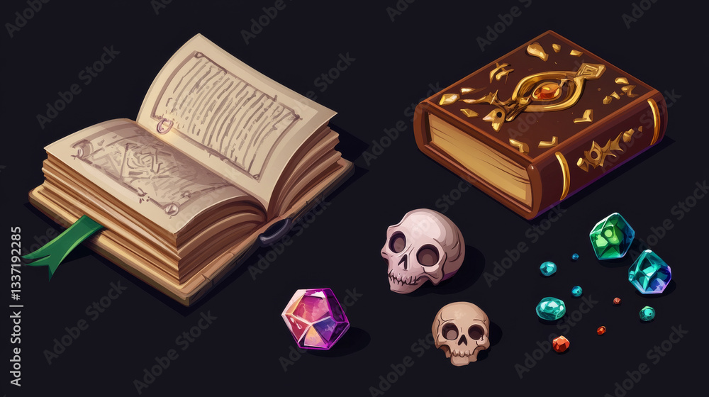 Poster magic book game level rank ui assets. cartoon set of evolution stages of ancient fantasy paper book 