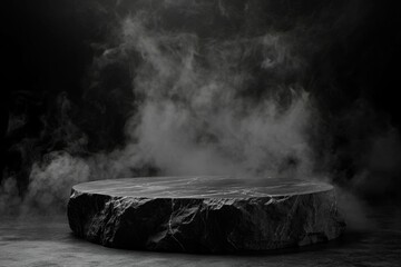 Dark, smoky, stone platform.  A circular, dark grey stone podium sits on a dark grey concrete surface.  Heavy fog or smoke fills the space, creating a dramatic and mysterious atmosphere