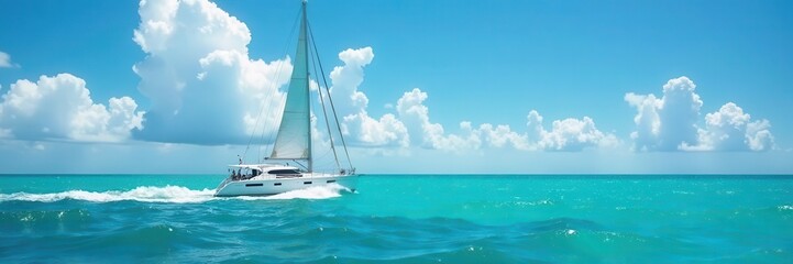 Fototapeta premium Sleek sailboat cuts through turquoise waves, vast blue sky above , clear, nautical