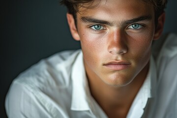 Obraz premium Close-up portrait of a young man with intense blue eyes, wearing a white shirt.