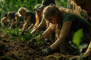A group of volunteers diligently plant saplings in rich soil, contributing to reforestation efforts.