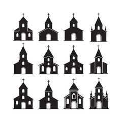 Fototapeta premium A black and white illustration of twelve distinct church buildings in various architectural styles. Each building has a unique silhouette.