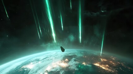 Obraz premium Cosmic Event: Green Meteor Showers Bombarding Earth from Space Perspective
