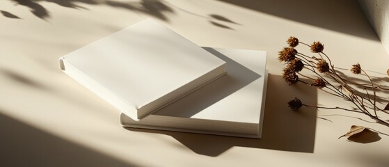 Minimalist White Books & Dried Flowers