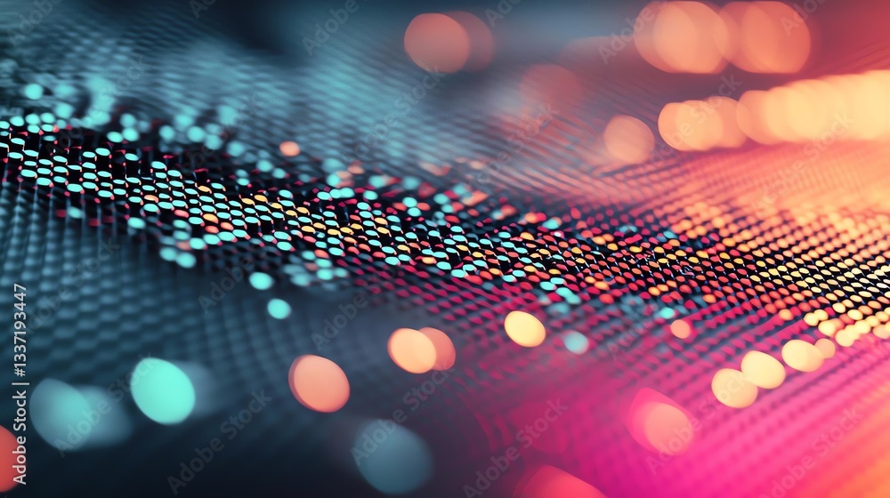Poster vibrant digital background with glowing dots and abstract patterns for tech designs.