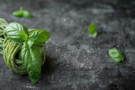 Fresh Green Pasta. Uncooked Green Fettuccine Pasta Nest with Basil Leaves on Dark Background.,