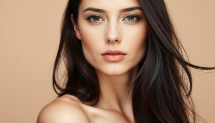 Fototapeta premium Portrait of a stunning woman with long, flowing hair against a beige background, exuding elegance and natural beauty.