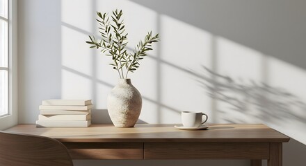 Natural light enhances the serene atmosphere of a cozy workspace with a vase and a cup of coffee