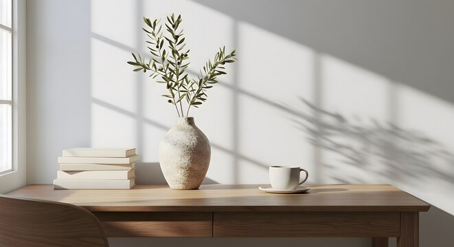 Natural light enhances the serene atmosphere of a cozy workspace with a vase and a cup of coffee