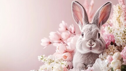 Obraz premium Cute bunny surrounded by bright spring flowers on a soft pastel background. Easter greeting card