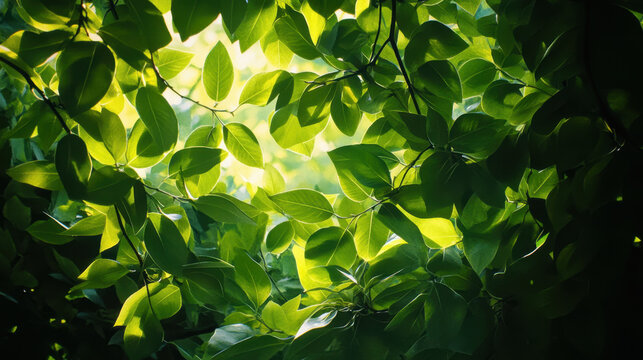 Vibrant green leaves forming a canopy filtering sunlight creating a beautiful contrast and texture suitable for nature or environmental design