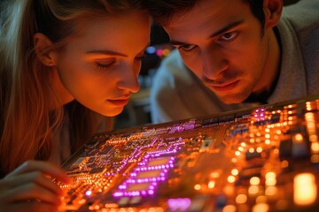 Two young engineers meticulously examine a glowing circuit board, engrossed in intricate details.