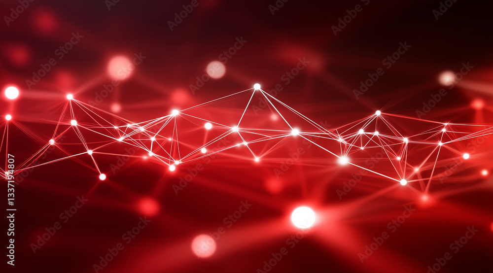 Poster abstract technological background in red tones with particles similar to nerve nodes and neural netw