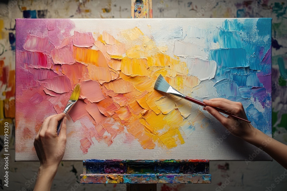 Poster two hands paint a vibrant, textured canvas with impasto techniques, creating a colorful abstract mas