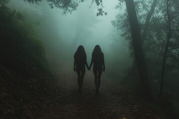 Two silhouetted figures holding hands walk down a misty forest path.