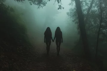  Two silhouetted figures holding hands walk down a misty forest path. © stockphoto02