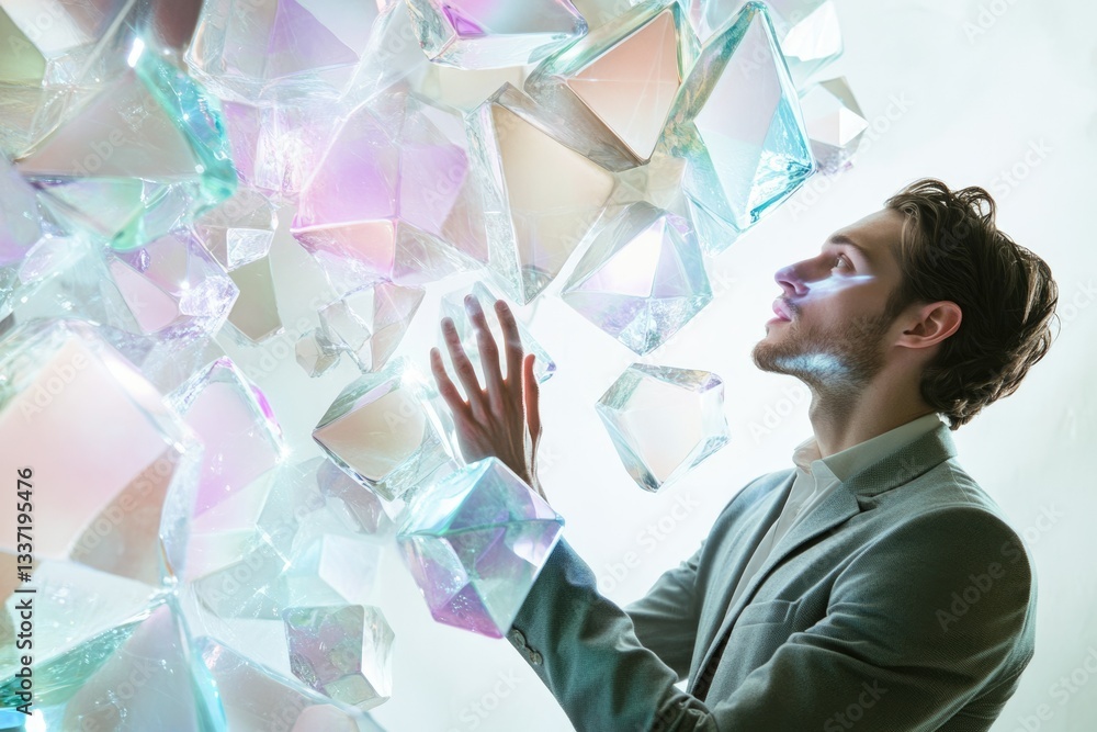 Poster a man interacts with a mesmerizing display of iridescent crystal shards, evoking a sense of wonder a