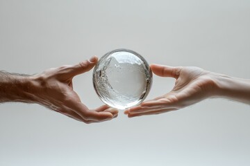 Two hands gently hold a clear glass sphere, symbolizing collaboration and shared responsibility.