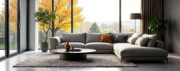 Fototapeta premium Sleek sofa, minimalist coffee table, large window , bookshelf, sofa, furniture