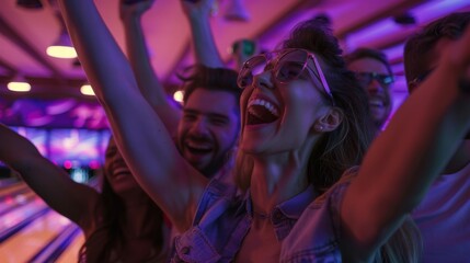 A group of young people playing bowling, laughing and enjoying the moment.